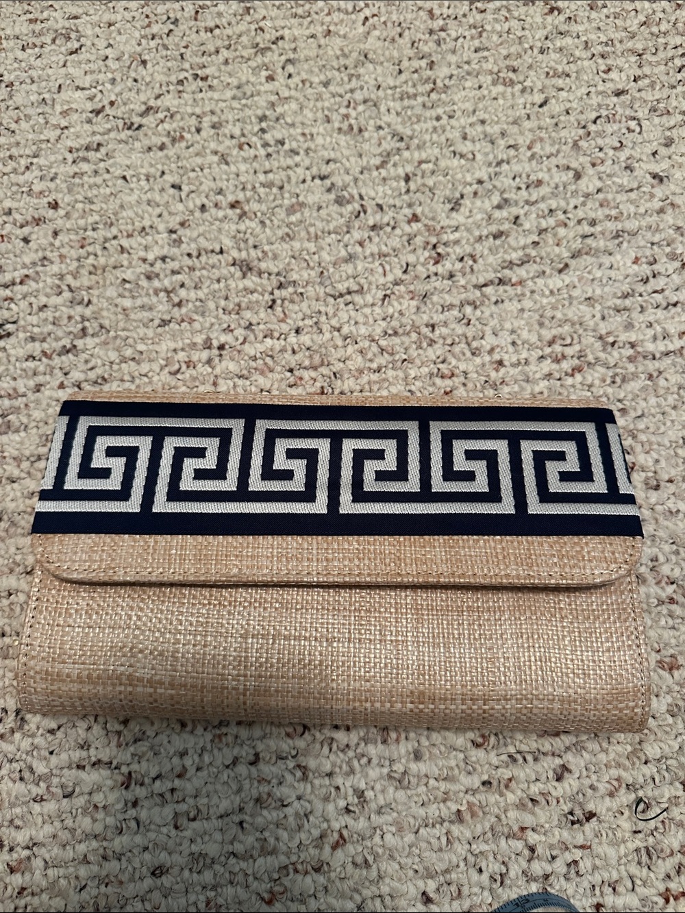 Neutral Woven Clutch with Navy Geometric Trim